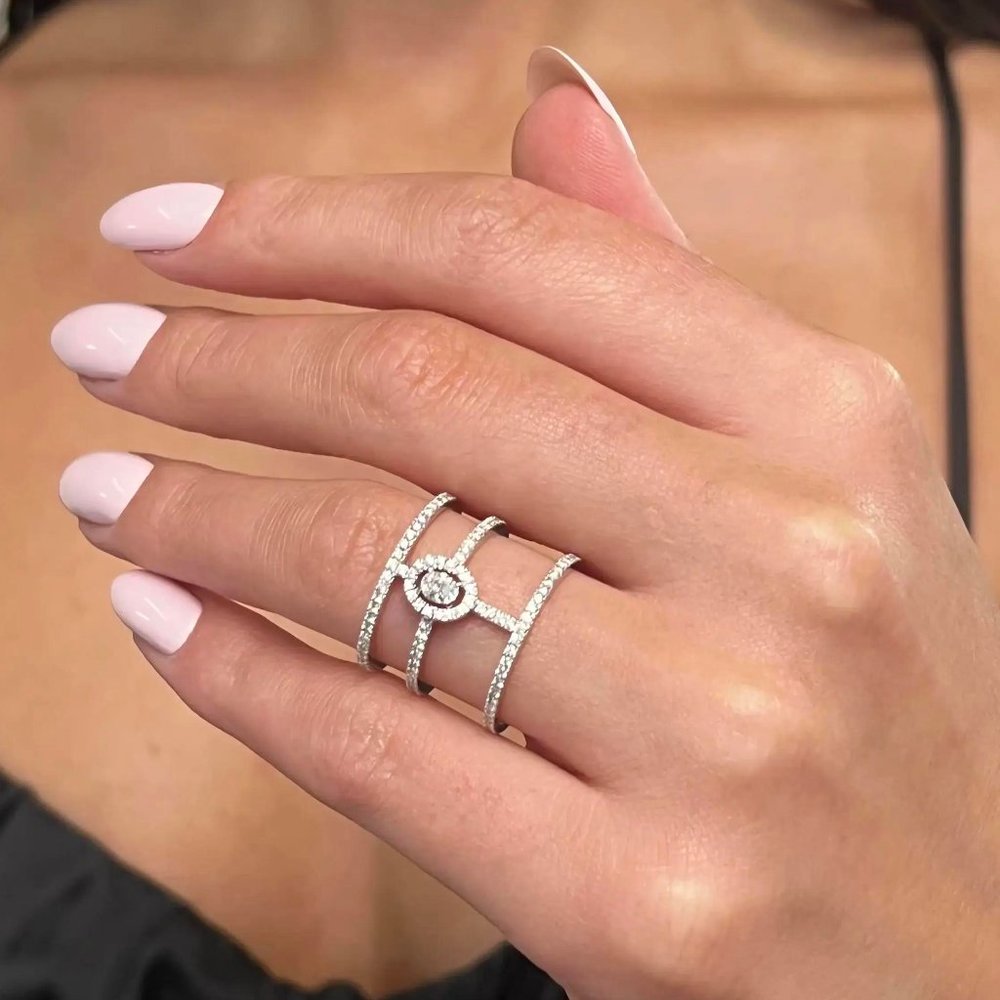 Messika 0.73Ctw Glam'Azone 3 Row Diamond Band Ring 18K White Gold Size 53 US 6.5